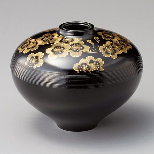 けやき花器 沈金 桜/福輪 黒 木製 漆塗り 12-13801/13802 漆器の井助