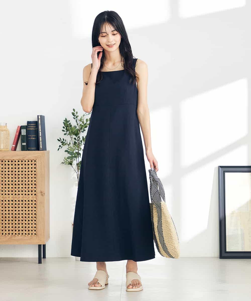 接触冷感/UVカット/イージーケア】麻調ノースリーブフレアワンピース