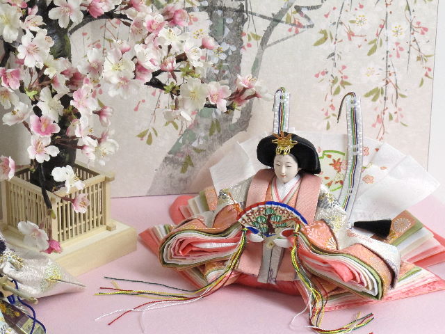 白とピンクを重ねた華やかなお雛様を手描き桜屏風で彩る桐収納式雛人形