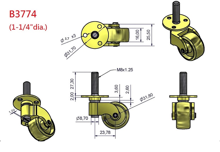 ジャパンコマース商品詳細_ブラス（真鍮)キャスター 1－1/4”マシン