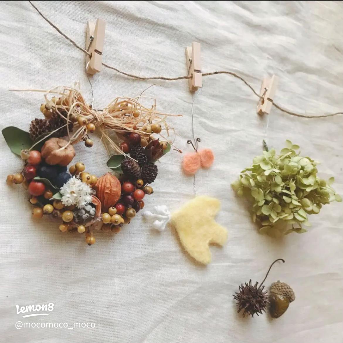北欧風ドライフラワーガーランドと木の実のリース