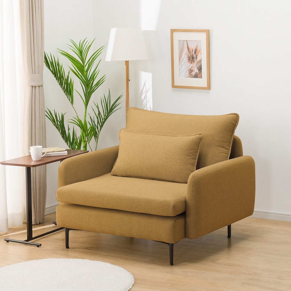 広い座面のゆったり 1人掛けソファ 布張りタイプ (MS01 肘あり YE