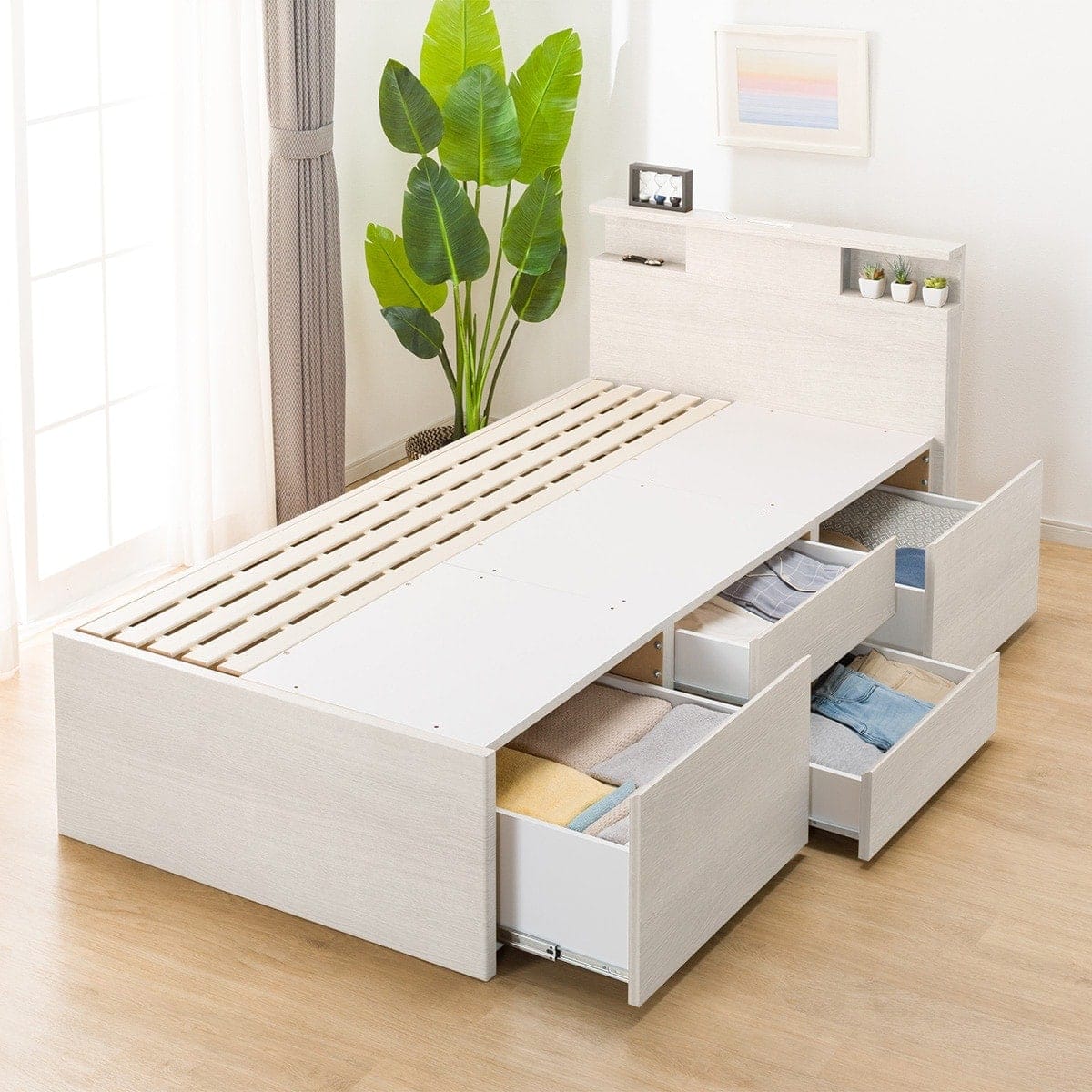 大容量収納×棚・コンセント・ライト付き】すのこチェストベッド