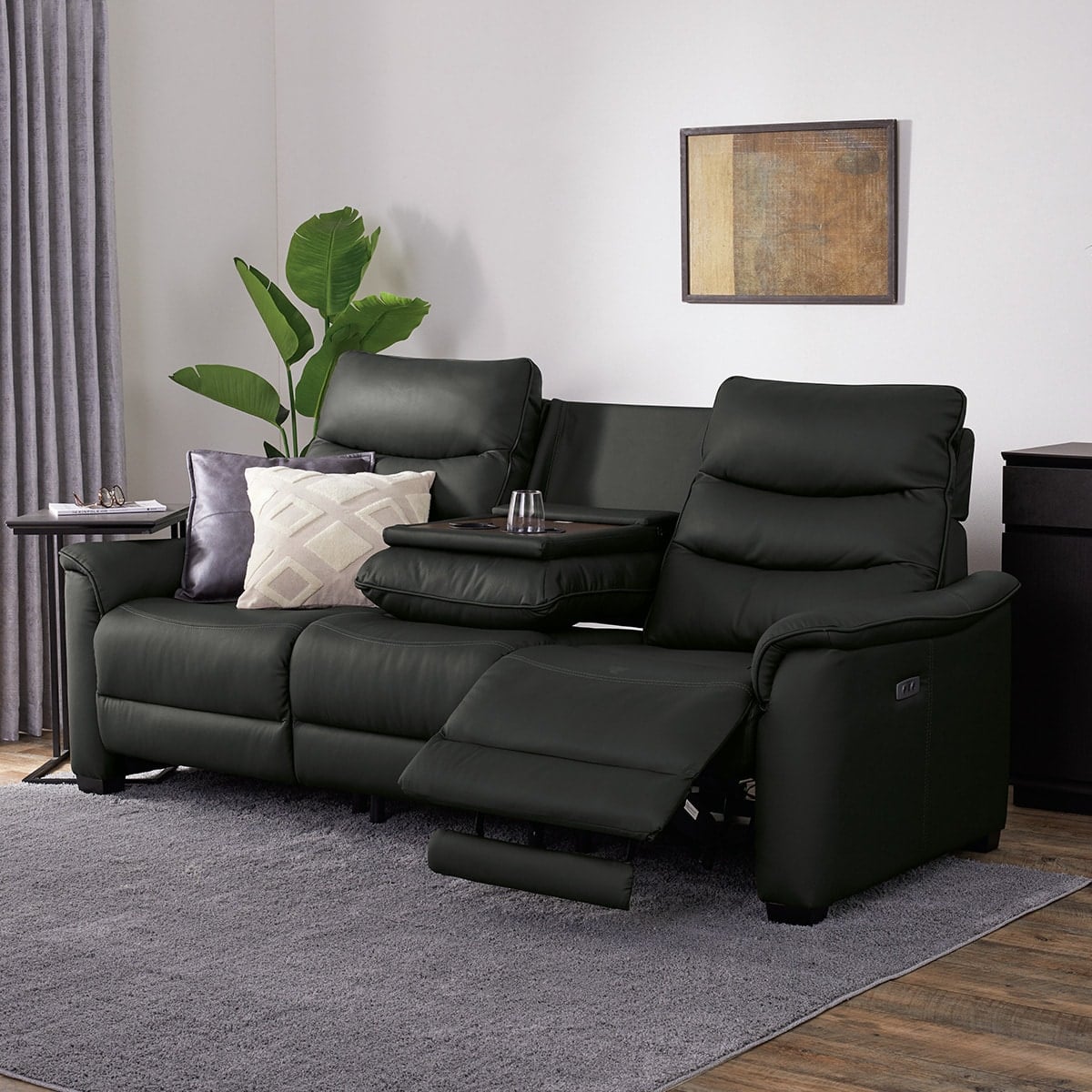 3人掛け電動リクライニングソファ テーブル付き 本革(一部合成皮革