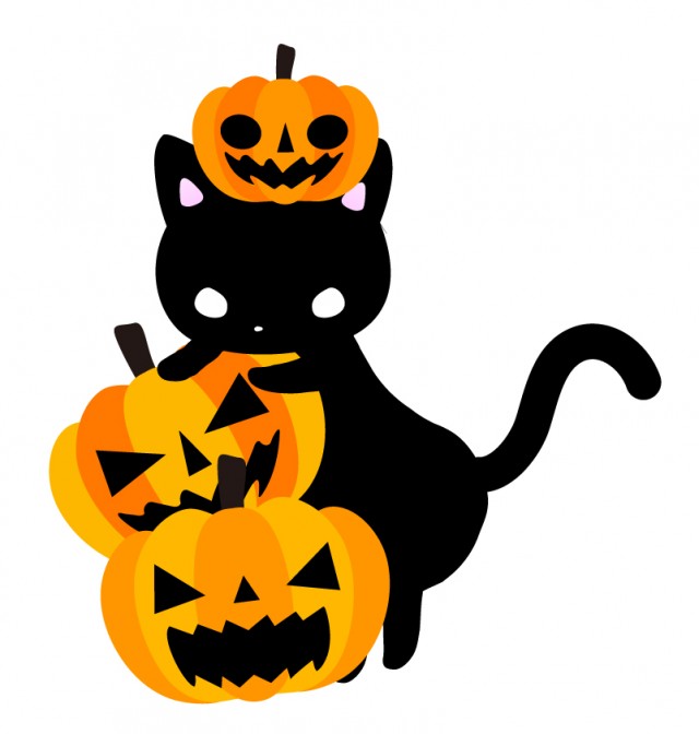 ハロウィン・かぼちゃのお化けと黒ねこのイラスト | 無料イラスト素材