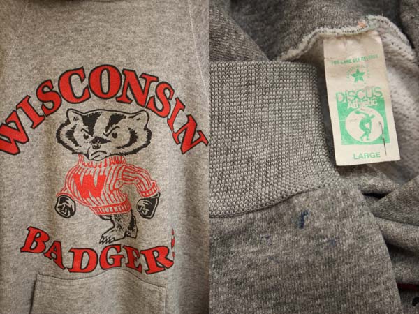 80s USA製 DISCUS WISCONSIN バッキー スウェットパーカー 杢グレー L