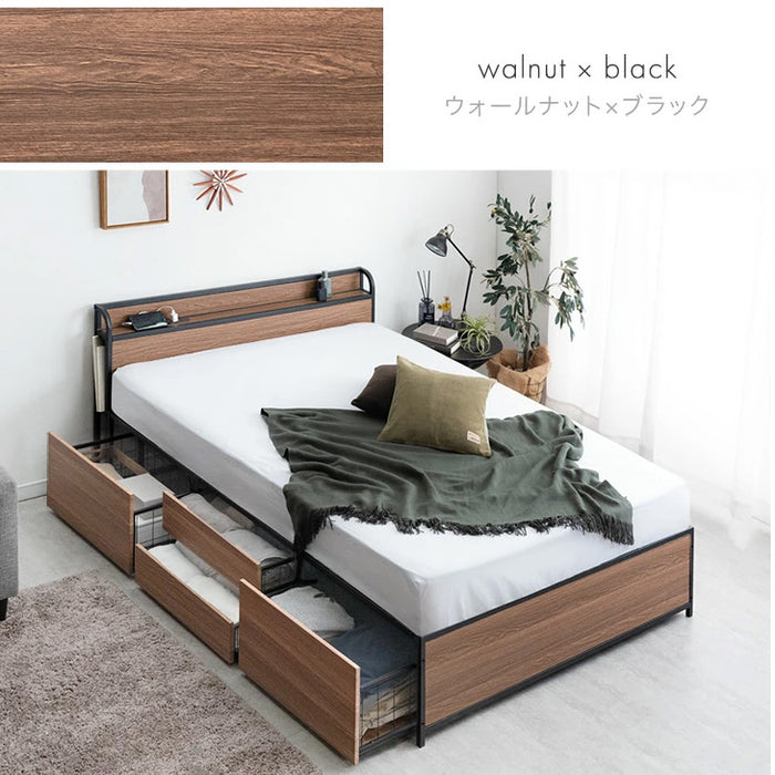セミダブル] 超大容量 収納ベッド フレーム単品 宮棚 2コンセント 頑丈