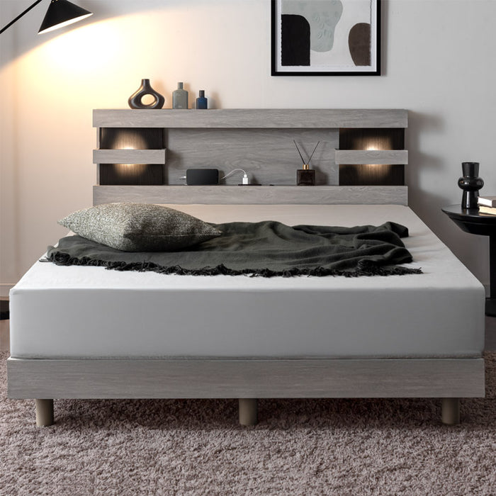 ダブル］宮付きベッド ライト付き 2口コンセント 木製 宮棚 照明