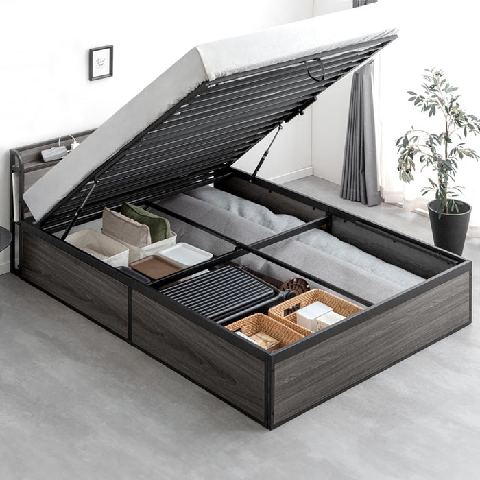 シングル］跳ね上げ収納ベッド 大容量 2コンセント ガス圧 跳ね上げ式