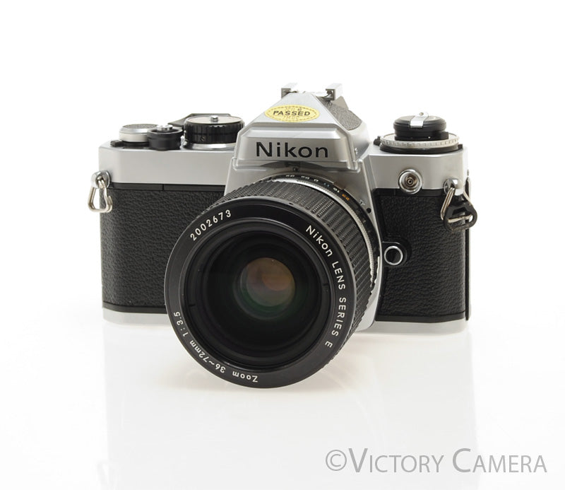 Nikon FE Chrome 35mm Film Camera w/ 36-72mm Lens -New Seals- [EXC]