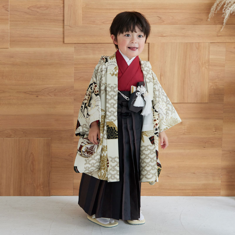 男児袴：BY106 【三歳】ベージュ鷹の丸文×黒茶縞 七五三男児袴レンタル