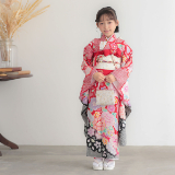 七五三七歳四つ身：N080 【正絹】赤 総絞り 牡丹に手毬 | 七五三着物