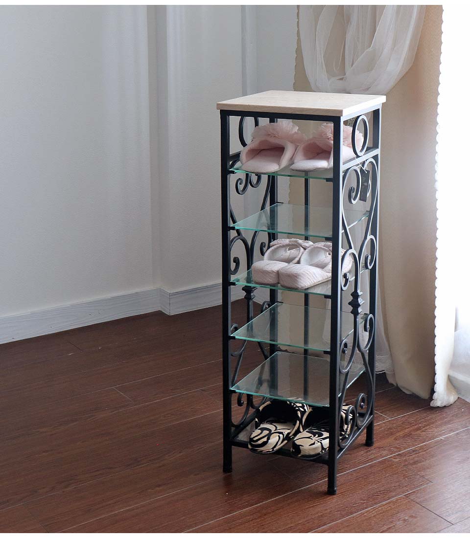 アンティーク調 おしゃれなアイアンスリッパラック ガラスラック｜Y