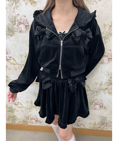 パーカー 「セットアップ対応」リボンベロアパーカー レディース