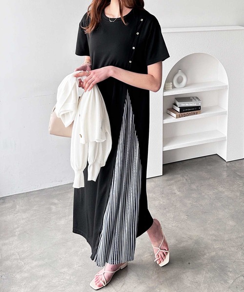 GeeRA（ジーラ） ワンピース ボタン付スリットプリーツ切替ワンピース