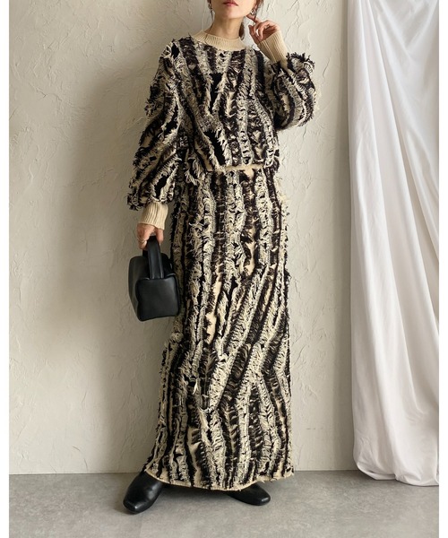 She's Closet セットアップ ウェーブ柄長袖ミックスフリンジジャガード