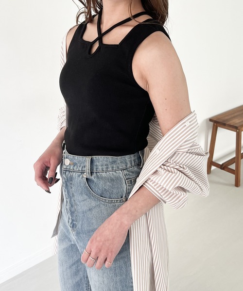 JUNOAH（ジュノア） タンクトップ ノースリーブ クロスネックリブ