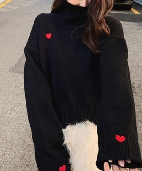 deux amour ニット セーター ハート刺繍タートルネックプルオーバー
