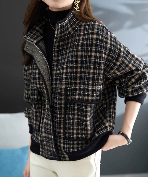 ブルゾン アウター チェック柄ジップアップジャケット レディース