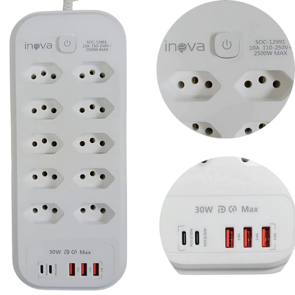 Extensão de 10 Tomadas com 3 USB e 2 Tipo C - 2m