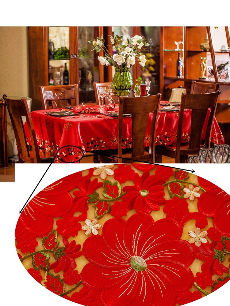 クリスマスポリエステルサテンレッドテーブルクロス、ラウンドテーブル