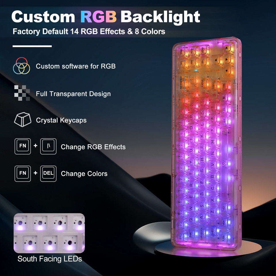 ワイヤレスメカニカルゲーミングキーボード,透明キーキャップ付き