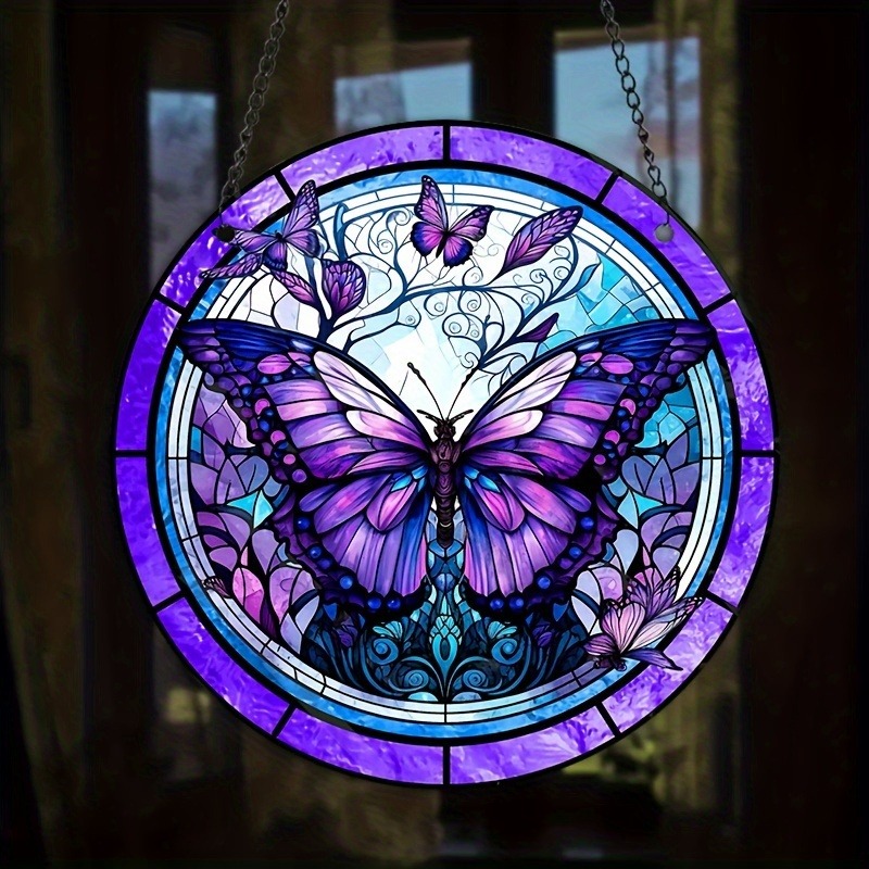 Purple Blue Butterfly Faux Stained Glass Door Hanger WindowHanging