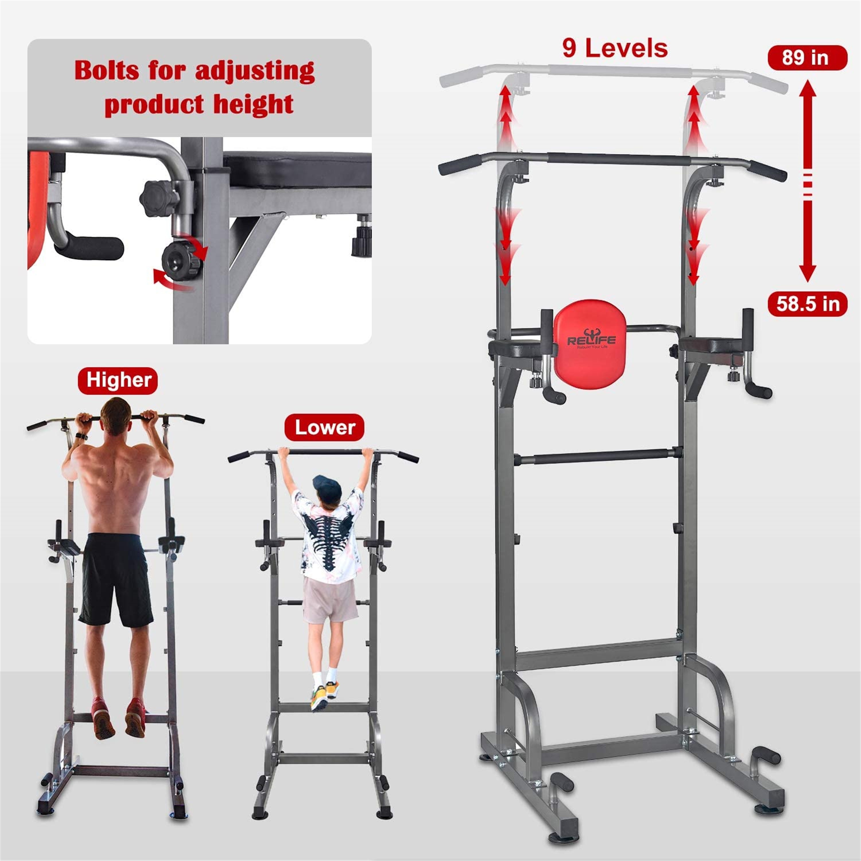 RELIFE REBUILD YOUR LIFE Power Tower Workout Dip Station for Home