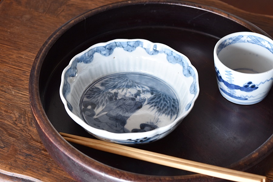 古伊万里 染付 竹林賢人図 輪花型膾皿 - 生活骨董と古布のアンティーク