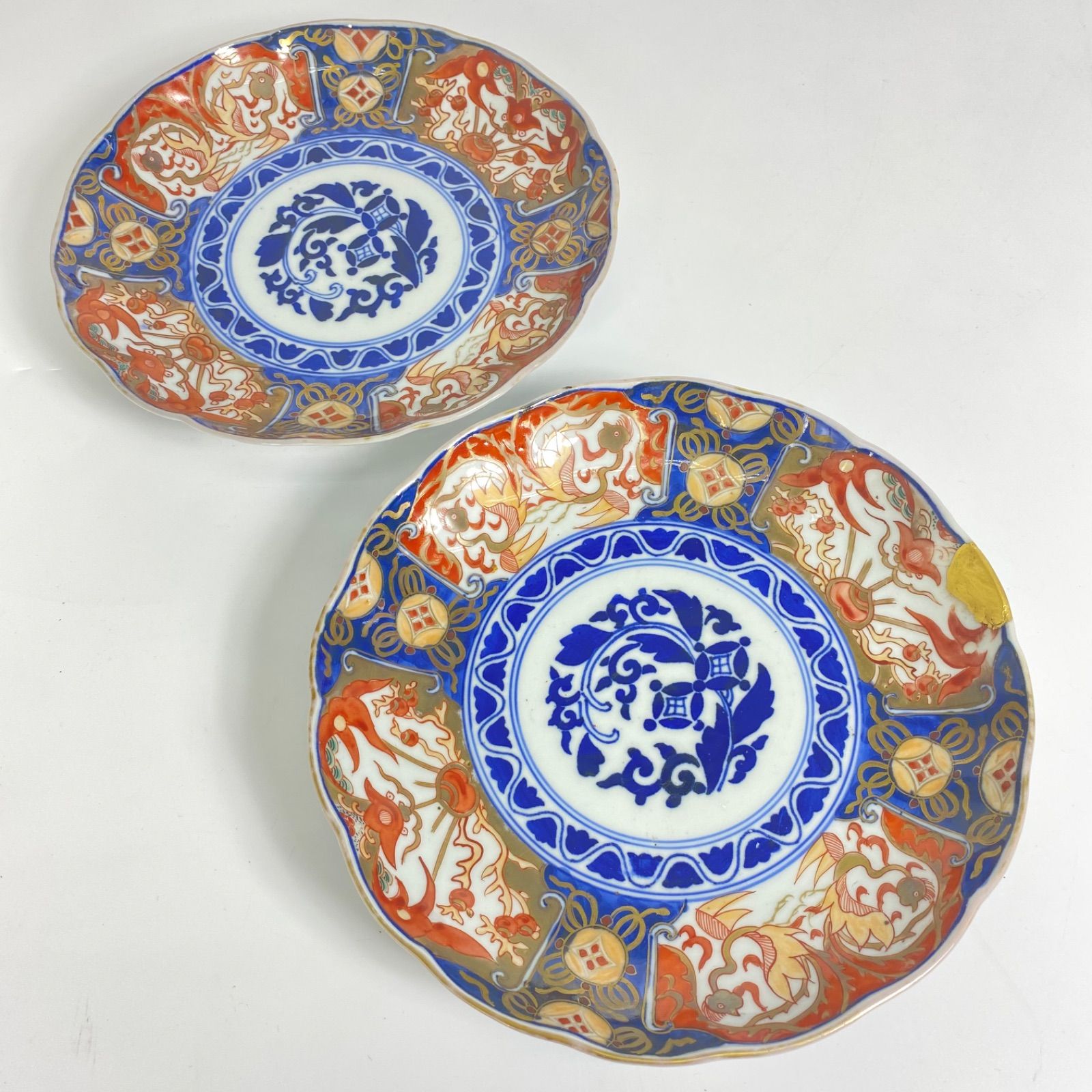 希少 古伊万里 長春富貴 印判 金継ぎ有 アンティーク色絵皿 ペア 骨董