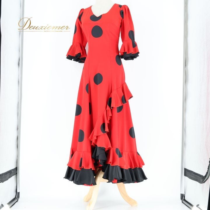 フラメンコ 衣装 ワンピース ドレス ブラック系 レッド系 黒 赤 水玉