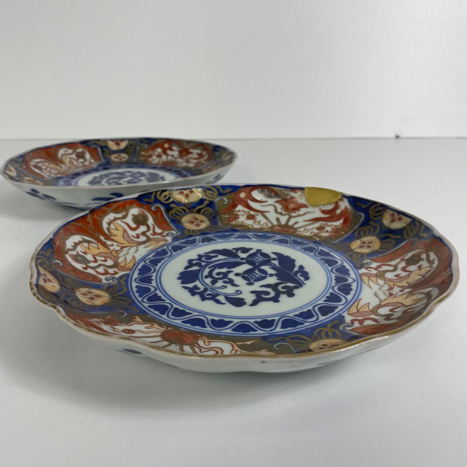 希少 古伊万里 長春富貴 印判 金継ぎ有 アンティーク色絵皿 ペア 骨董