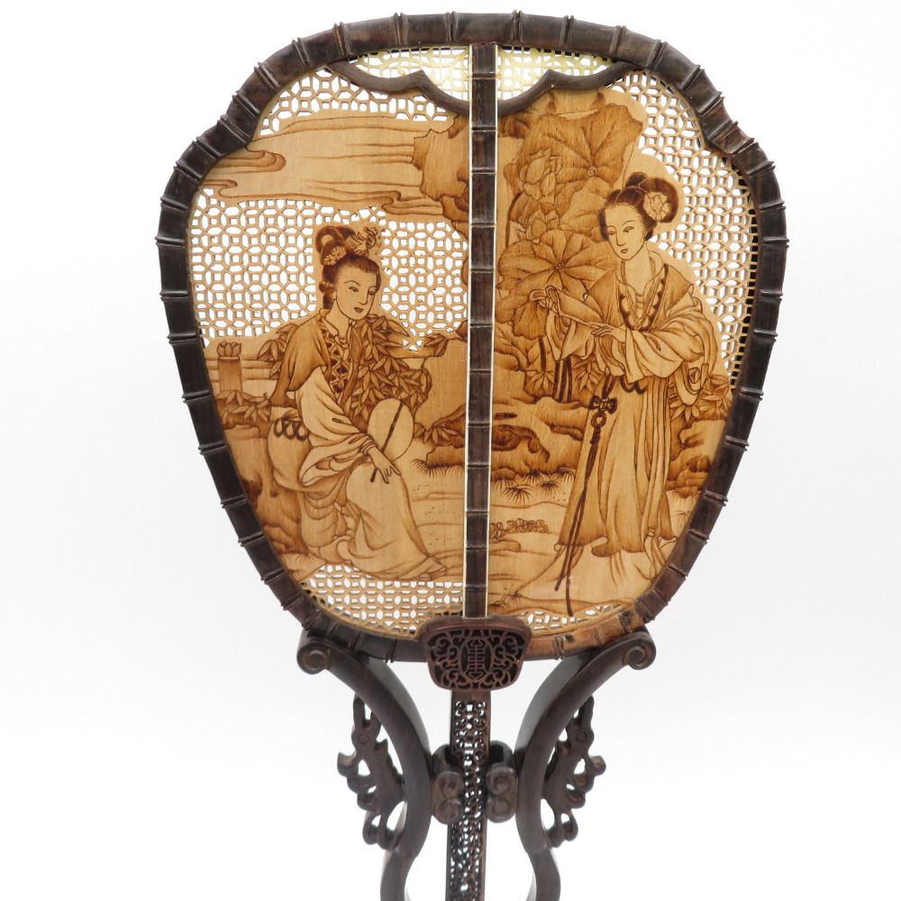 軍配団扇 中国 古玩 時代唐物 木製 人物風景画 箱入り 中国古美術 美品