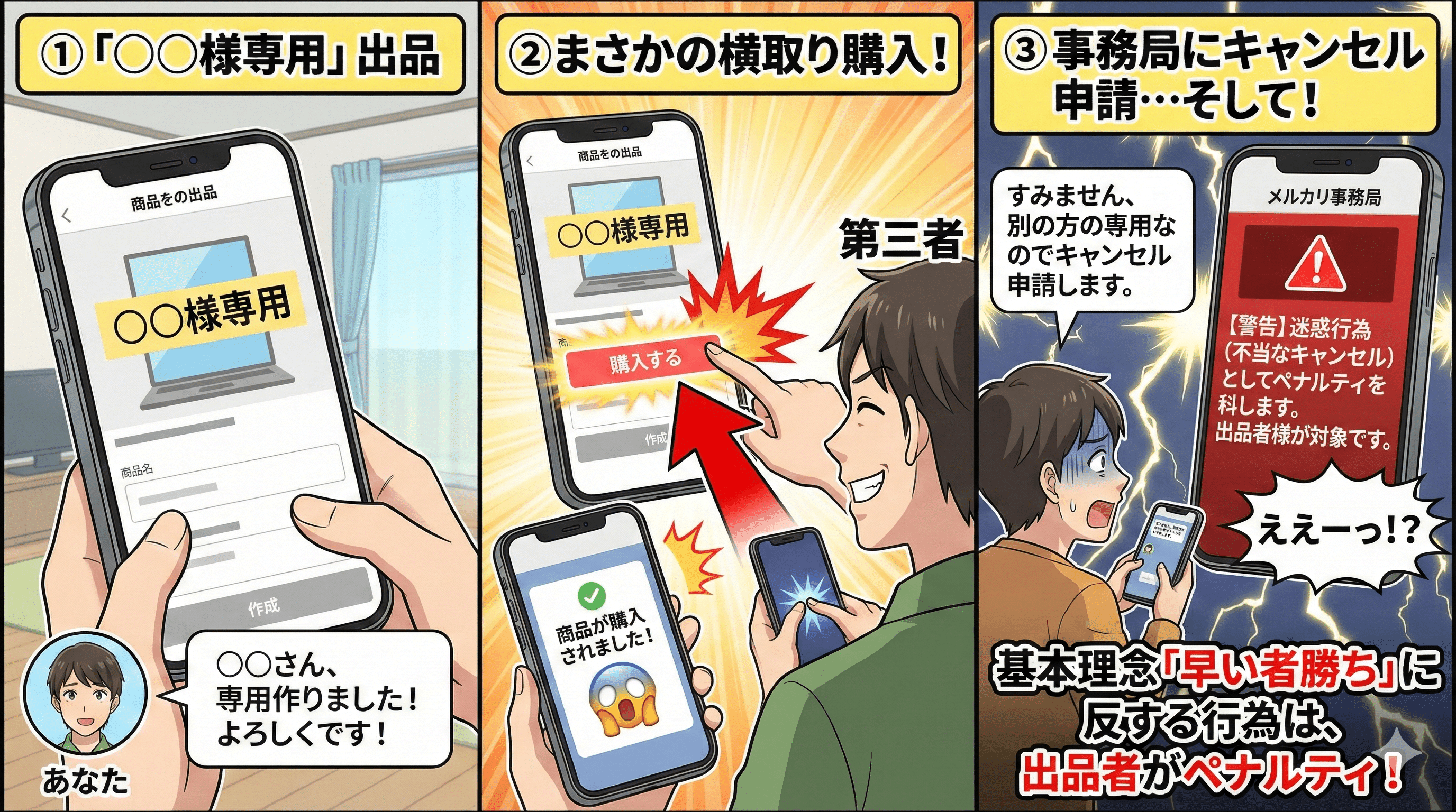 今すぐやめて】「〇〇様専用」は規約違反です！横取りキャンセルで出品