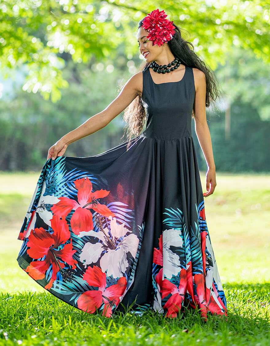 ノースリーブスクエアネックフレアドレス（パームハイビスカス