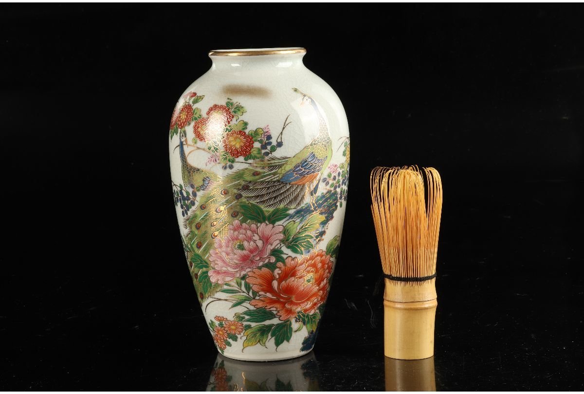 URA]九谷焼/清峰 造/色絵花孔雀図花瓶/4-6-162 (検索)骨董/九谷焼/花器