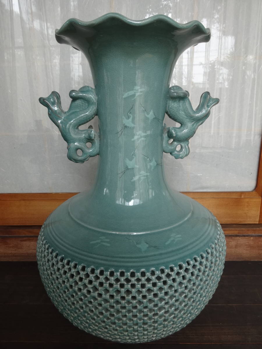 Yahoo!オークション - 光玉作 高麗青磁 大壺 花瓶 双耳 雲鶴文 網目