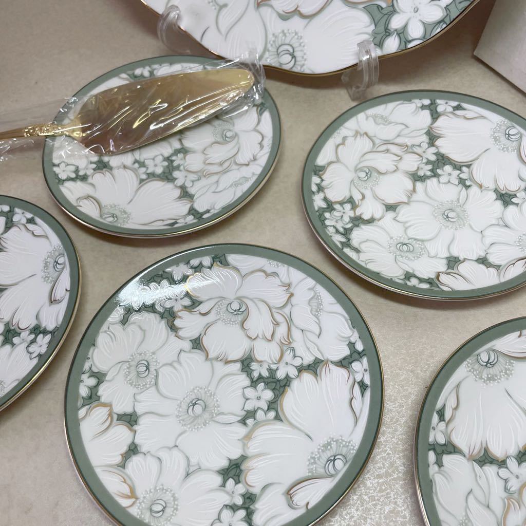 即決 未使用 ナルミ プチケーキセット 金彩 花柄 モスグリーン