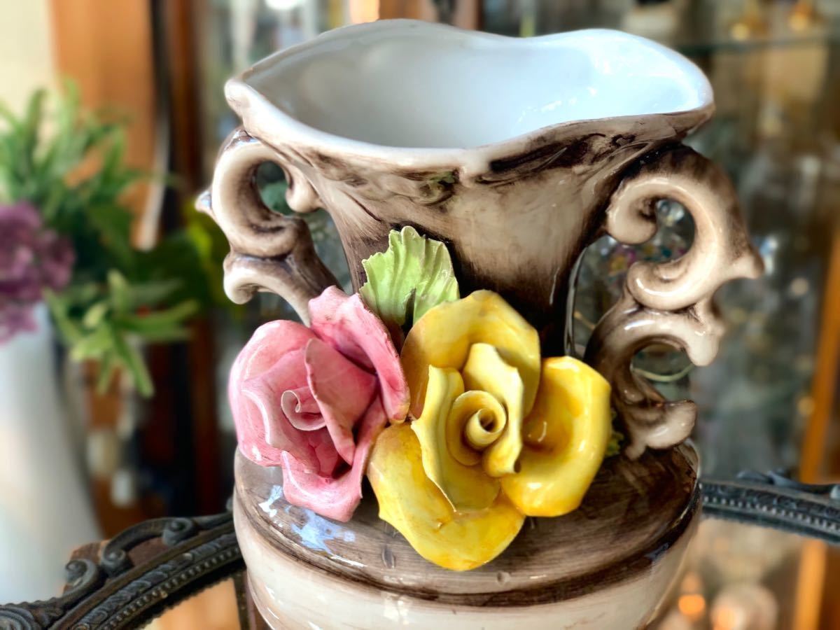 豪華】 イタリア製 陶器 花瓶 フラワーベース 両手付 バラ 飾り壺 置物
