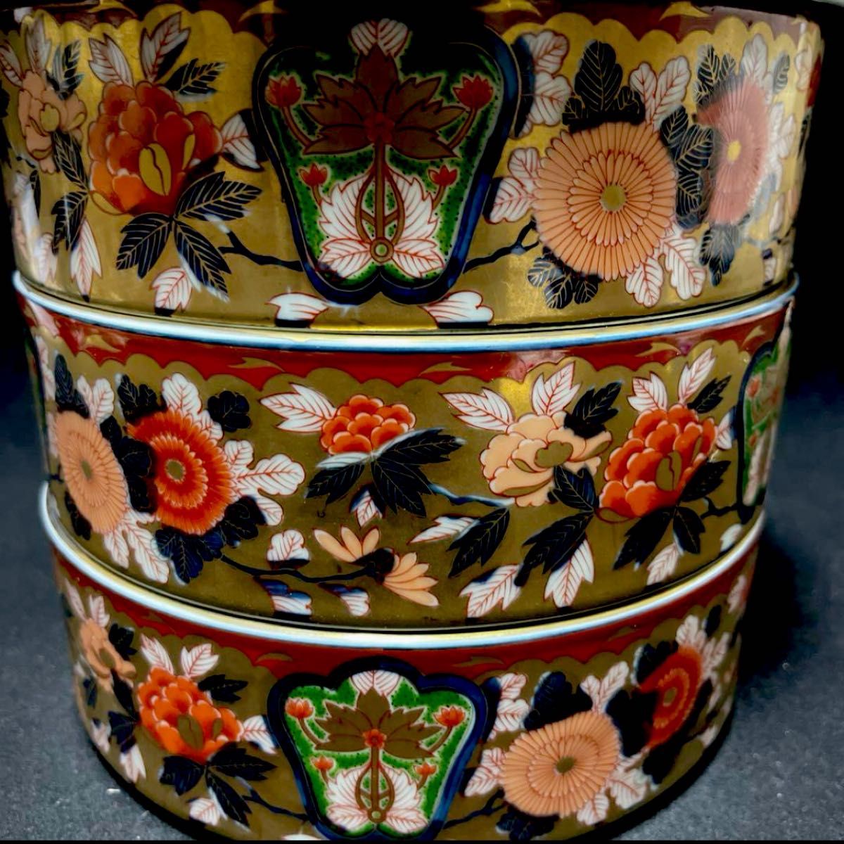 有田焼 日肥 其泉作 昭和年製 極錦金彩古伊万里 三段重 重箱 重ね鉢