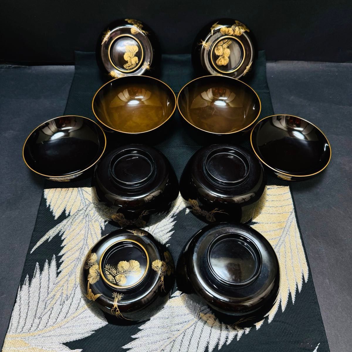 漆器 輪島塗 沈金松鶴 金蒔絵 木製 蓋付椀 お煮物椀 吸物椀 5客 骨董