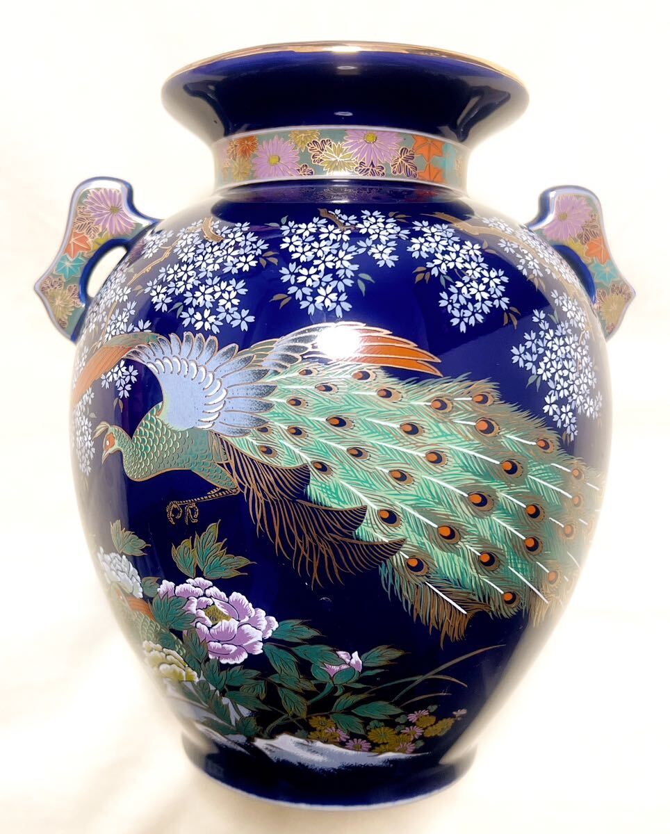 未使用 明陶窯 金彩孔雀花柄 耳付き 瑠璃色花瓶 花器 飾り壷｜Yahoo