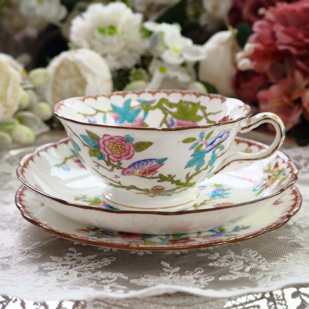 希少 英国アンティーク オールドミントン 花鳥柄 トリオE カップ