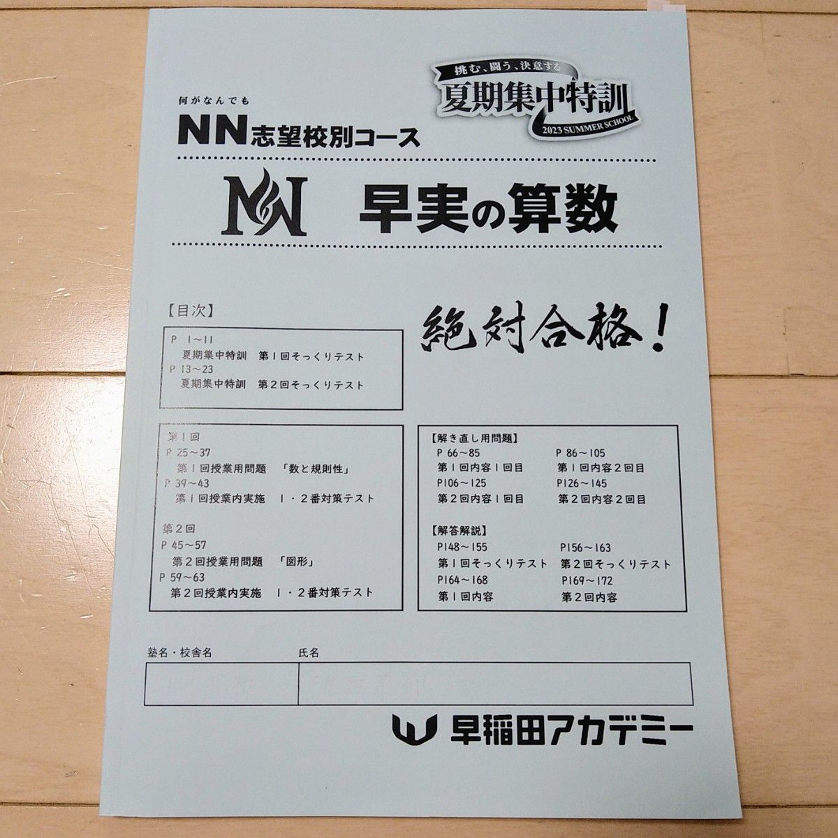 早稲田アカデミー NN志望校別[夏期集中特訓]早実クラス 2024年受験用