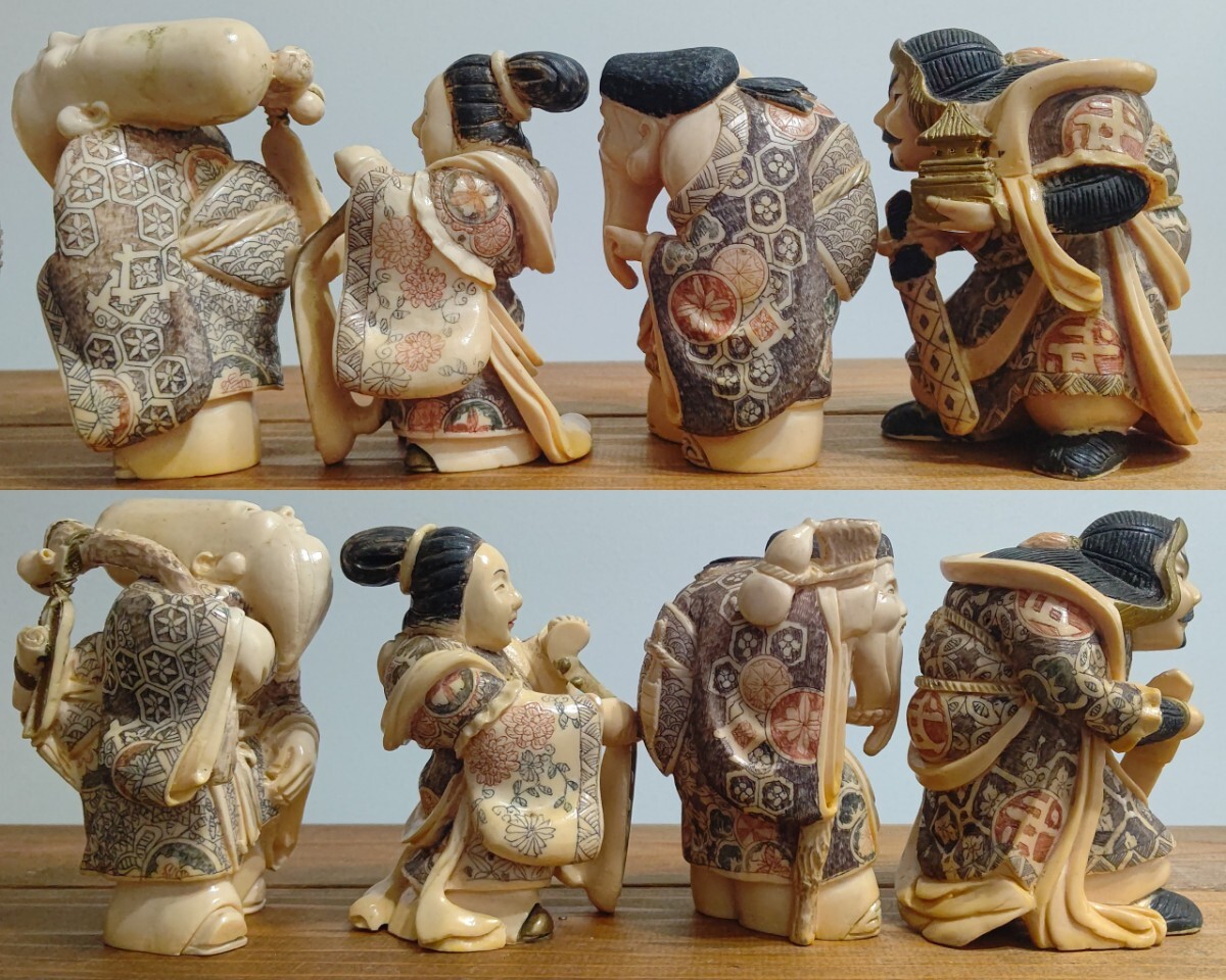 七福神 細密彫刻 古美術 置物 練り物 象牙風 東洋彫刻 縁起物 飾り