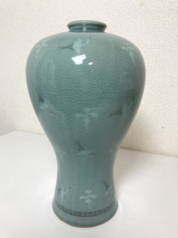 送料無料 韓国古物 花瓶 趙京洙 青磁 鶴花瓶 33㎝ 置物 壺 趙京民俗