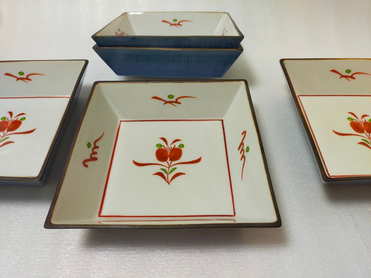 未使用品】たち吉 橘吉 5枚セット 呉須赤絵 紅花文 中鉢 角鉢 深鉢