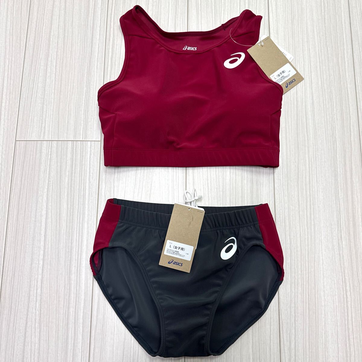 アシックス 女子陸上ユニフォーム上下セット エンジ×ダークグレー L