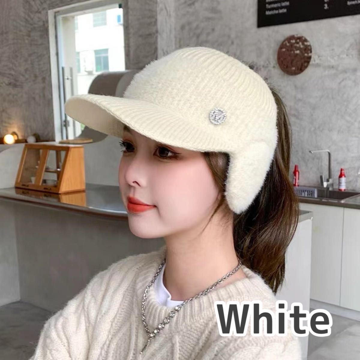 帽子 耳当て ニット サンバイザー ホワイト ニット帽 ゴルフ 防寒