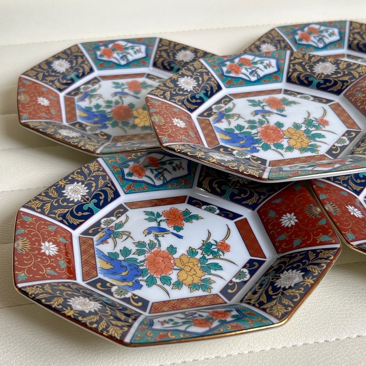有田焼 青藍窯 金彩古伊万里 八角皿 5枚セット 中皿 銘々皿 花鳥 色絵